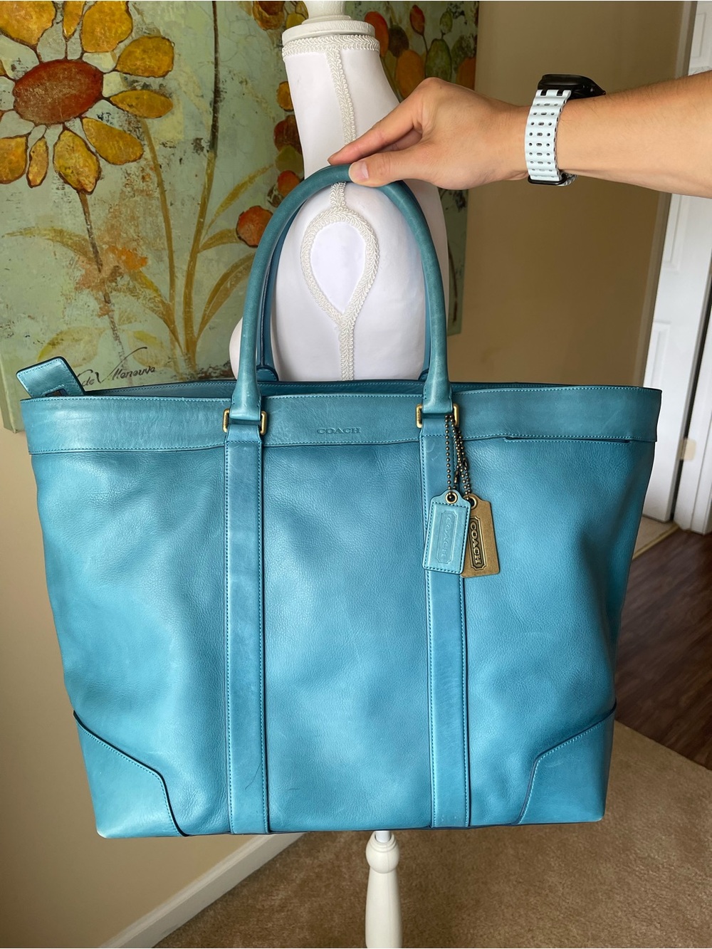 Coach Bleecker Legacy Weekend Tote 70487 Turquoise Blue Leather Large Bag